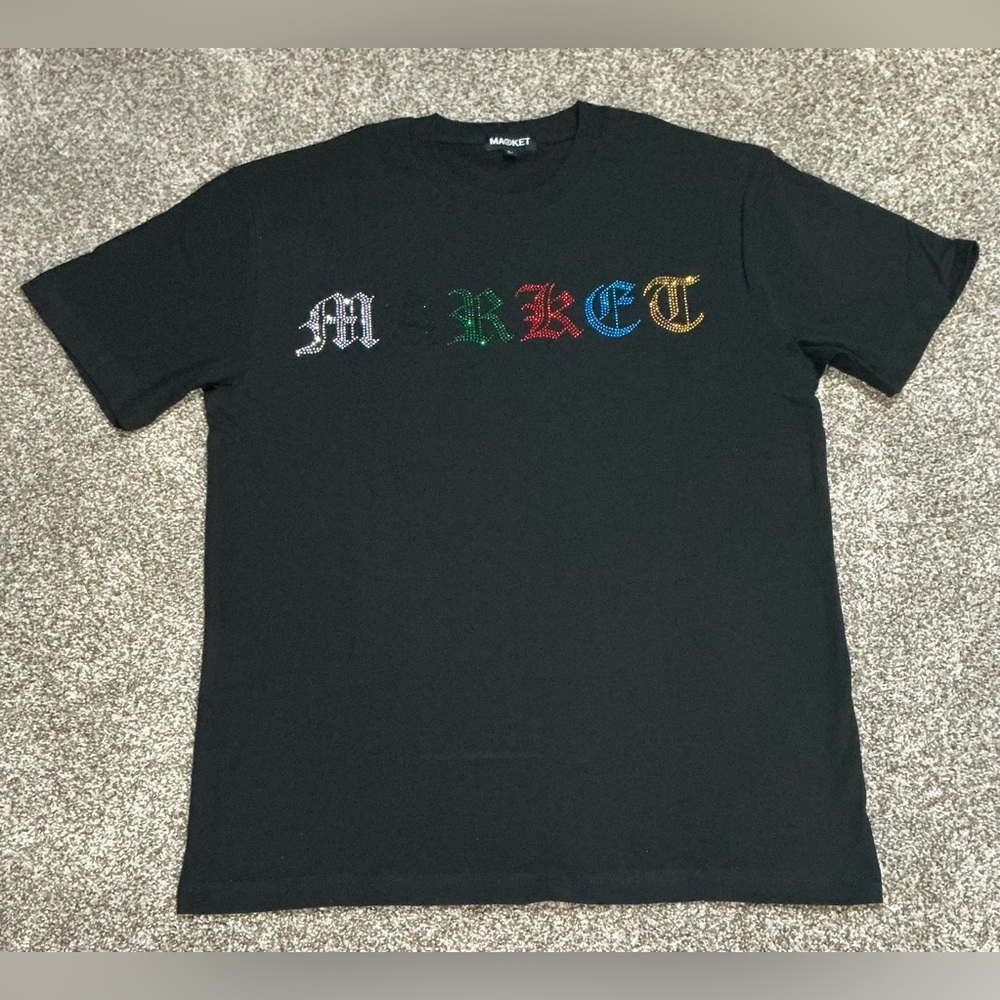 Market Multicolor Rhinestone Logo Black T-Shirt Lg New